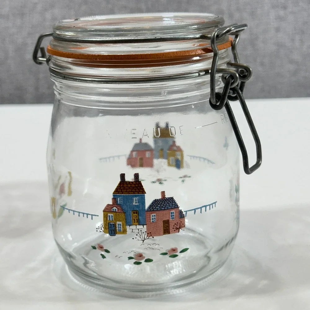 ARC France Glass Canister Heartland Farm Scene Set 2 3/4L Clear Clamp Lid Jar